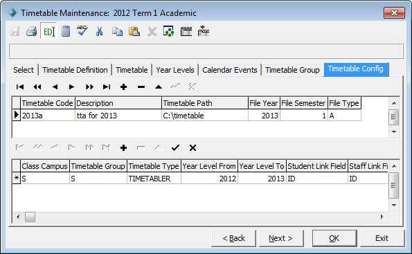 Timetable Maintenance - Timetable Config tab