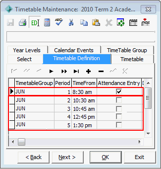 Timetable Maintenance - Timetable Definition tab