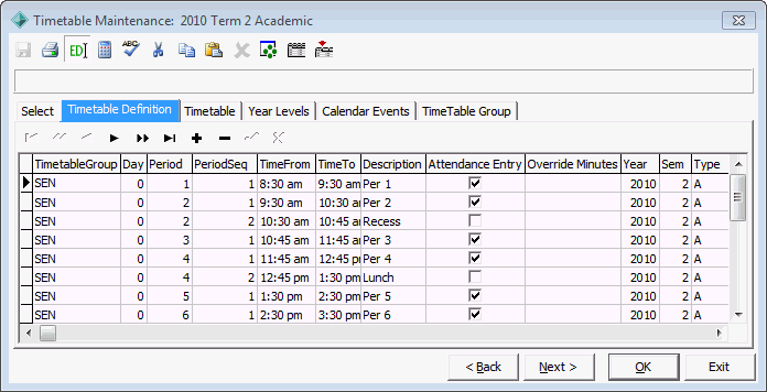 Timetable Maintenance - Timetable Definition tab (system maintenance sample)