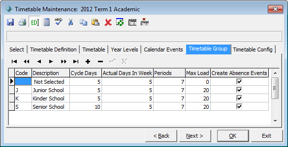 Timetable Maintenance - Timetable Group tab