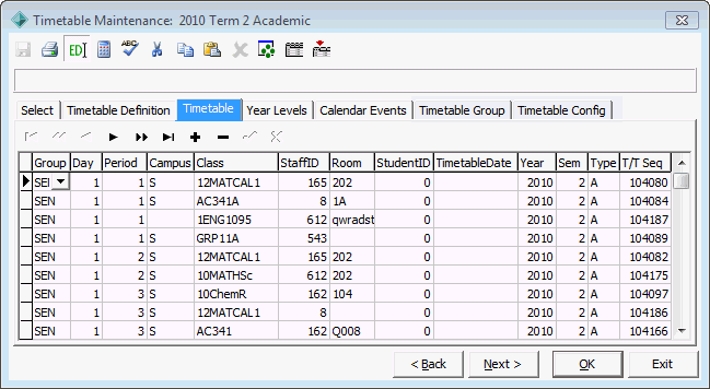 Timetable Maintenance - Timetable tab (system maintenance example)