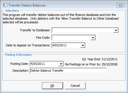 Transfer Debtor Balances window