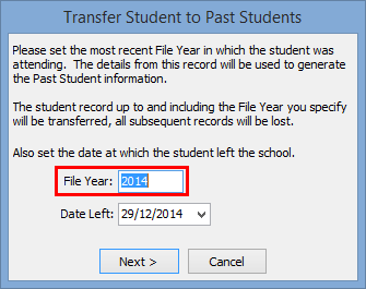 Transfer Student to Past Students window