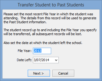 Transfer Student to Past Students window