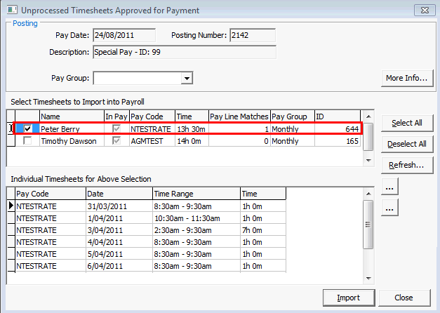 Unprocessed Timesheets Approved for Payment (select employee)