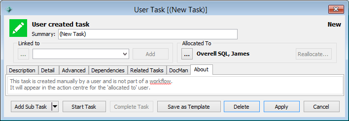 User Task - Action tab