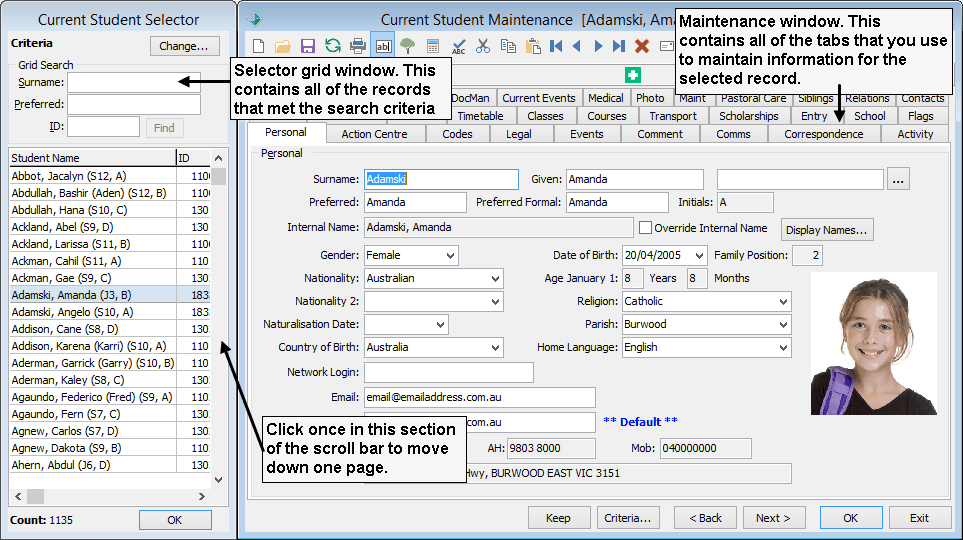 Current Student Selector window (with descriptions)