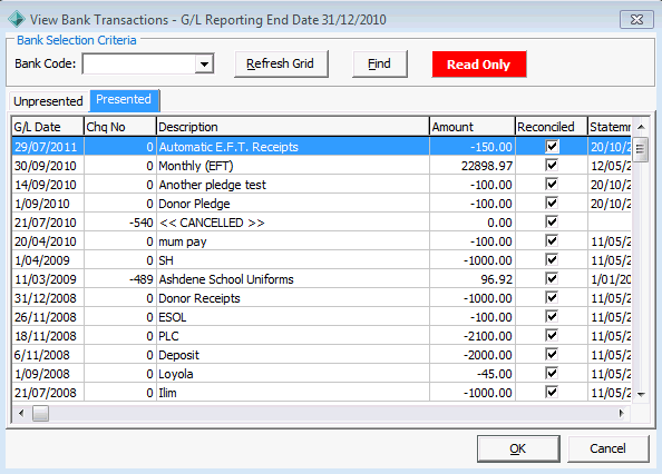 View Bank Transactions - Presented tab