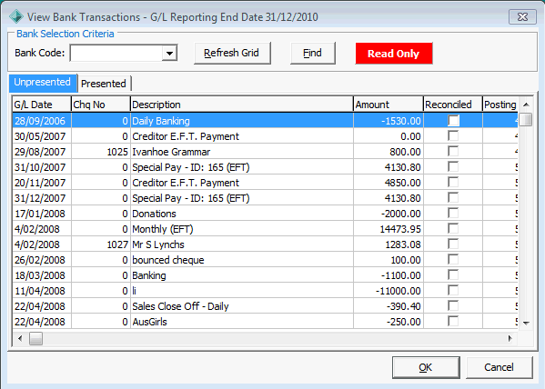 View Bank Transactions - Unpresented tab
