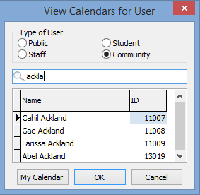 View Calendars for User window