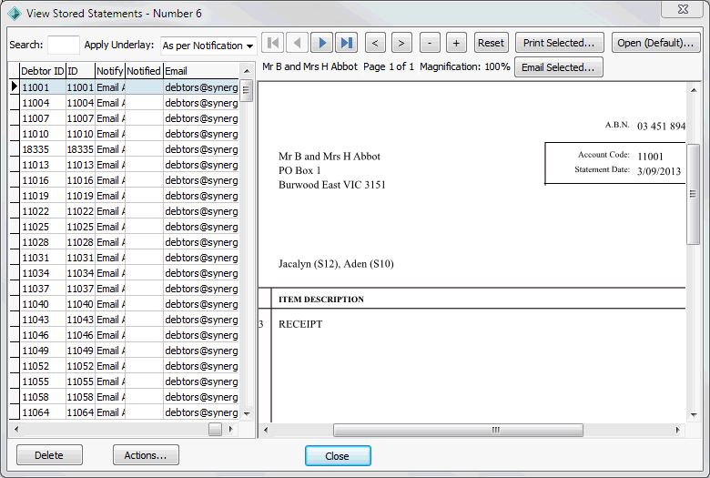 View Stored Statements window (cut down)