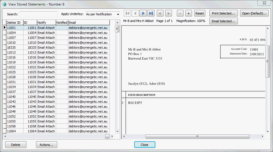 View Stored Statements window (populated)