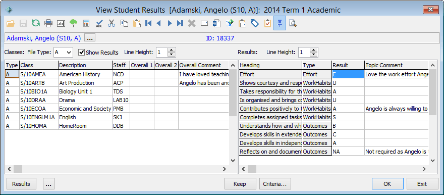 View Students Results window