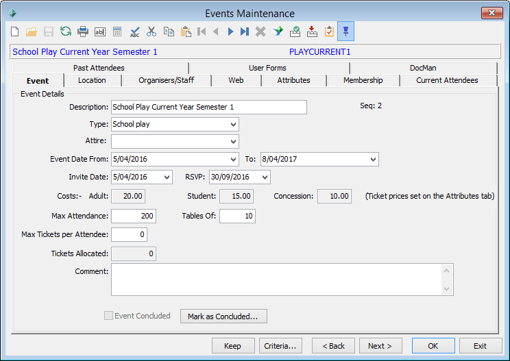 Events Maintenance - Event tab - Synergetic Application - Confluence