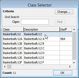 Class Selector (Class Maintenance, co-curricular selection)