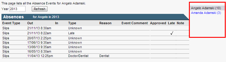 Community Portal - Absences tab (side menu highlighted)