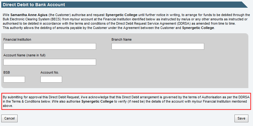 Community Portal - DirectDebit,Bottom config setting example