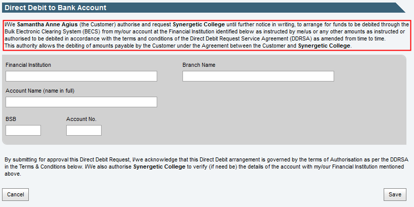 Community Portal - DirectDebit,Top config setting example