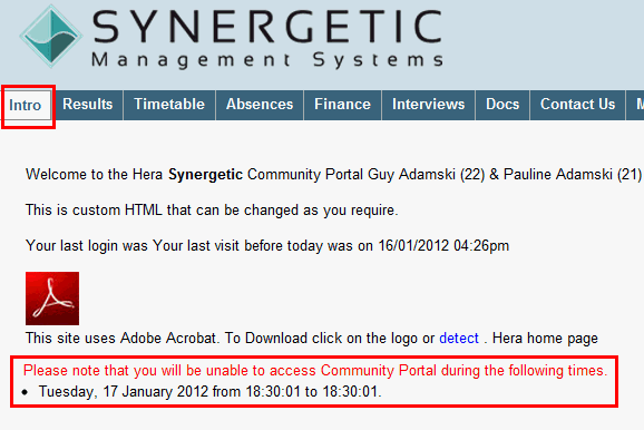Community Portal - Introduction tab (Shutdown message highlight)