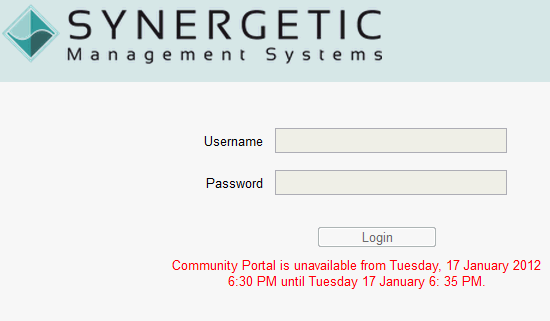 Community Portal - Login page (in maintenance mode, Offline message)