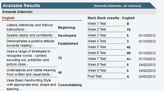 Community Portal - Results tab (Mark Book results side by side)