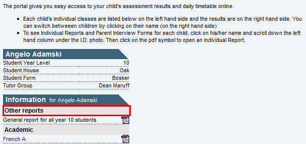 Community Portal - Results tab - (cut down, PreReportsHeading highlighted)