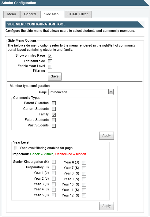 Configuration - Side Menu configuration window (Portal)