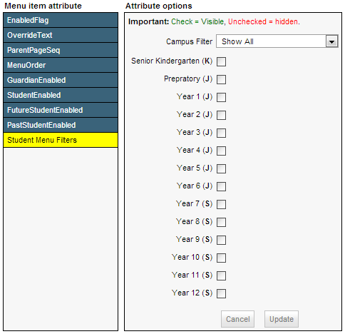 Configuration - Student Menu filters attribute (Community Portal)