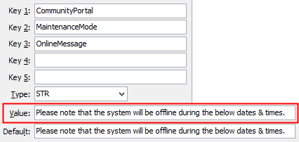 Configuration File Maintenance - OnlineMessage setting (value highlight)