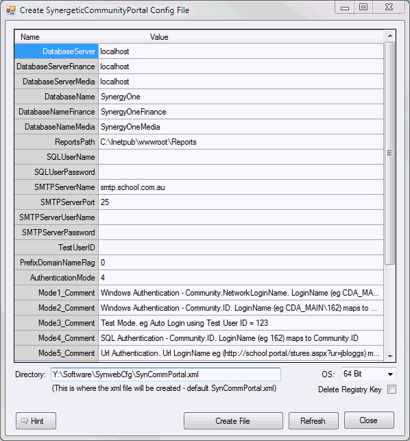 Create SynergeticCommunityPortal Config File window