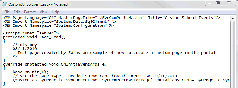 CustomSchoolEvents aspx in Notepad