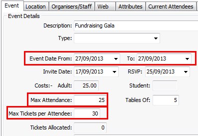 Events Maintenance - Event tab (cut down, community portal fields highlighted)