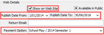 Events Maintenance - Web tab (cut down, community portal fields highlighted)