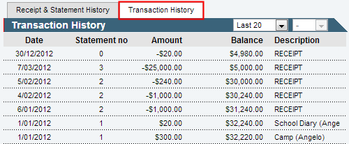 Finance page - Transaction History tab (portal, highlighted)