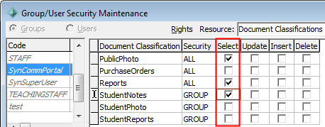 Group Security Maintenance - Groups view (DocumentClassification SynCommPortal, permissions selected)