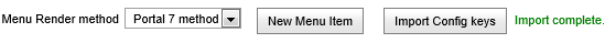 Import Config keys button (Configuration - Main menu sub-tab, portal, import complete)
