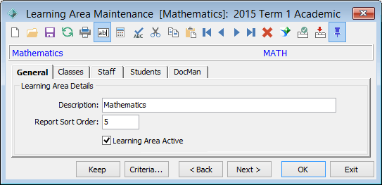 Learning area maintenance - general tab (portal)