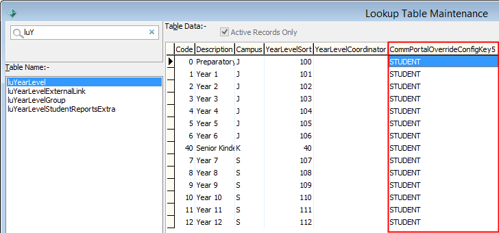 Lookup Table Maintenance - luYearLevel (CommPortalOverrideKey5 highlighted, Student example)
