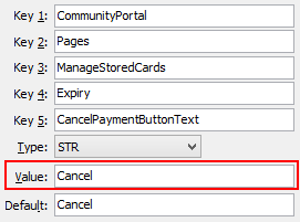 ManageStoredCardsCancelPaymentButtonText configuration setting