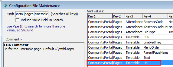 Menu URL parameter - timetable example, configuration file maintenance window 2(portal)