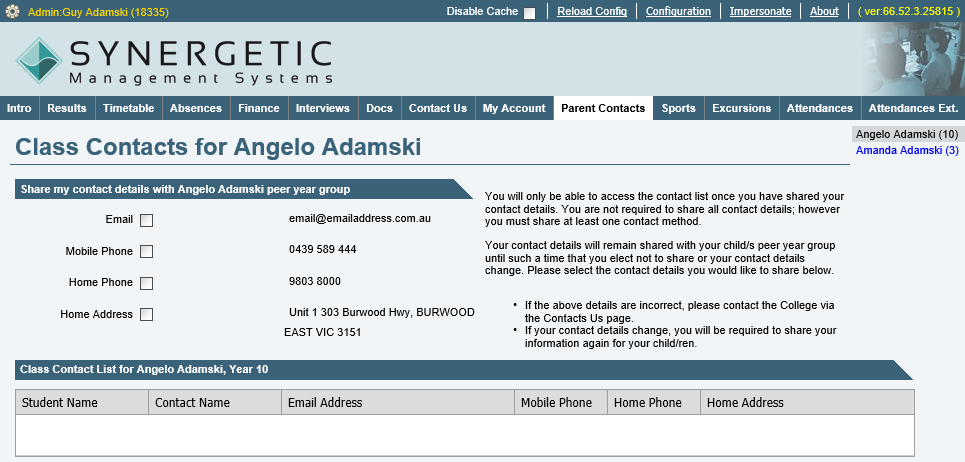 Parent Contacts tab