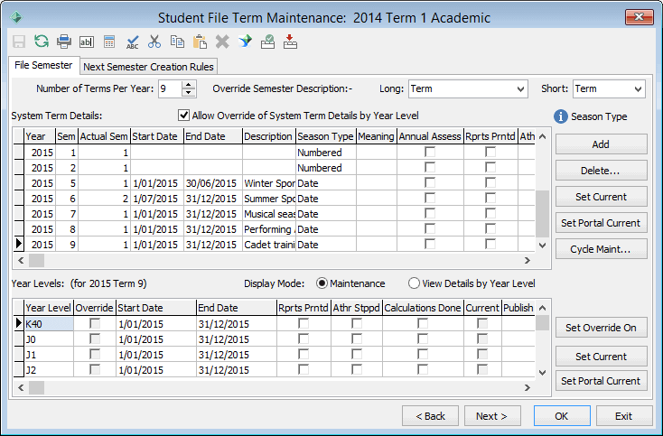 Student File Semester Maintenance - File Semester tab
