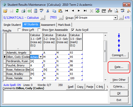 Student Results Maintenance - Assessment Tab (Date button circled)