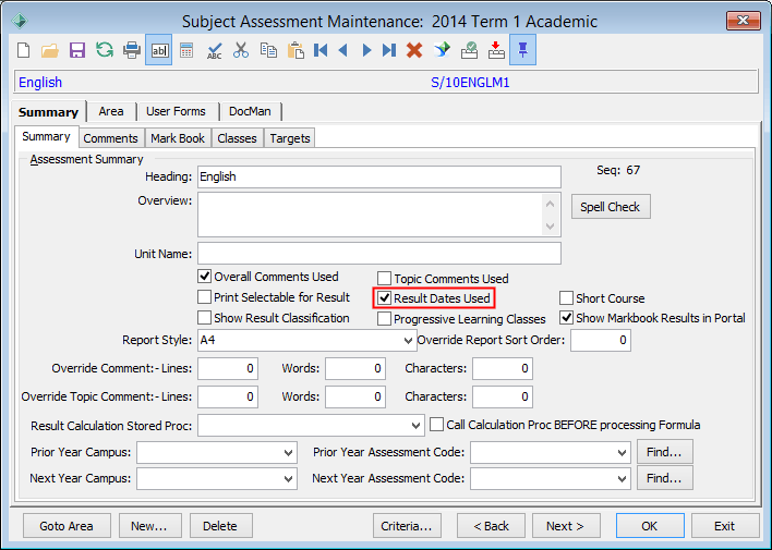 Subject Assessment Maintenance - Summary tab - Summary sub-tab (results date highlight)