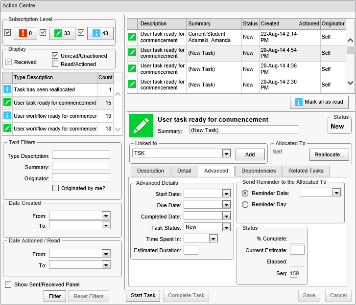 Action Centre - Advanced tab (cut down, further, synweb)
