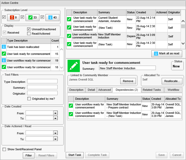 Action Centre - Dependencies tab (cut down, further, synweb)