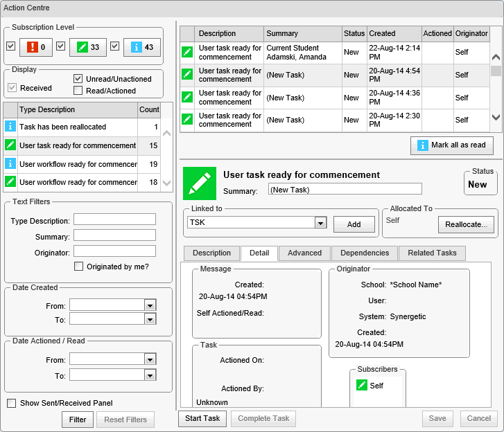 Action Centre - Detail tab (cut down, further, synweb)