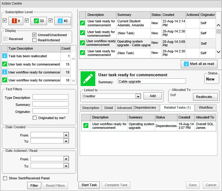 Action Centre - Related Tasks tab (cut down, further, synweb)