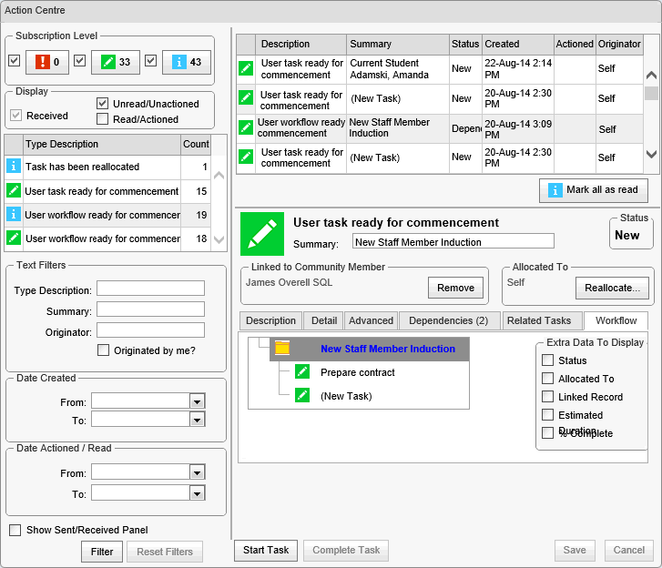 Action Centre - Workflow tab (cut down, further, synweb)