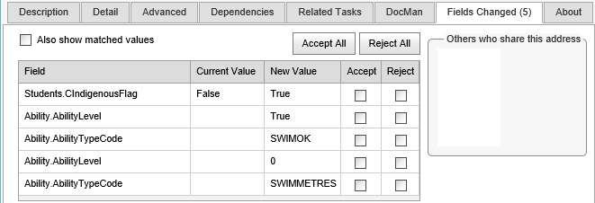 Action Centre bar - Fields Changed tab (synweb)